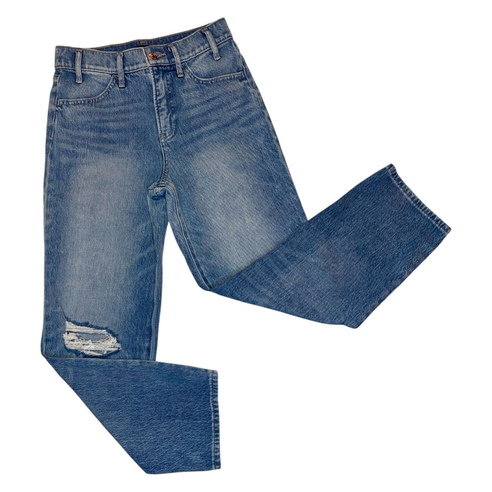 Express Blue Straight Ankle High-Rise Jeans with Distressed Detail